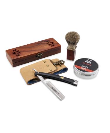 AP Donovan razor in a gift set | 7/8 razor blade | strop shaving brush and shaving soap (black)
