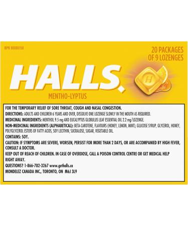 Halls Honey Lemon Cough Drops 9 count 20 Packs Cough Drops Honey Lemon Singles (Full Tray) - Buy Online on GoSupps.com