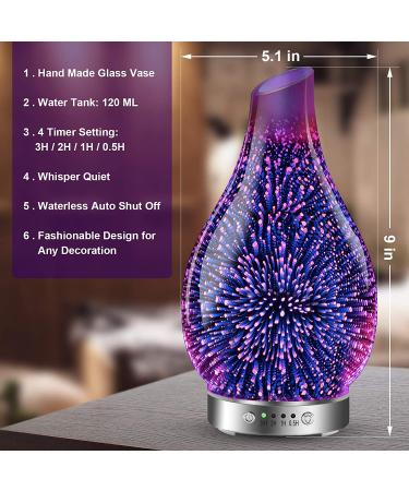 MAXWINER 3D Glass Essential Oil Diffuser - Ultrasonic Aromatherapy with Auto Shut-Off & Timer Setting - 7 Colors LED Lights - 120ml Firework Design - Buy Online on GoSupps.com