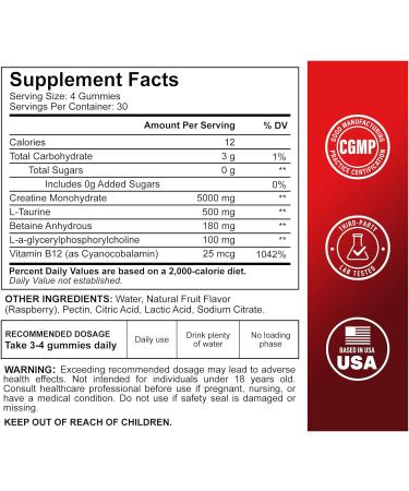 120 Vegan Creatine Monohydrate Gummies - Sugar-Free & Tasty Chewables for Muscle Growth Recovery & Performance (Raspberry) - Men & Women - Buy Online on GoSupps.com