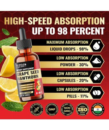Tenmido 8in1 Grape Seed Extract Liquid Drops with Hawthorn Berry Resveratrol Garlic Quercetin Green Tea and Vitamin C - Antioxidant Support - 30ml 1 Fl Oz - Buy Online on GoSupps.com