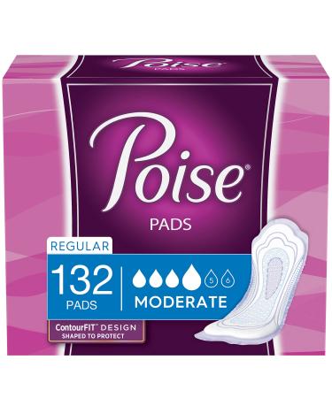 Poise Incontinence Pads for Women, Moderate Absorbency, Regular Length, 132 Count (2 Packs of 66) (Packaging May Vary) Regular Length (132 Count)