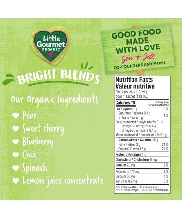 Baby Gourmet Little Gourmet Organic Bright Blends Baby Food Pouches - Pear Cherry Spinach Chia - No Added Sugar or Salt Non GMO No Fillers - (113ml) 12-Pouches Marron Pear Cherry Spinach Chia 113ml - 12 Pouches - Buy Online on GoSupps.com