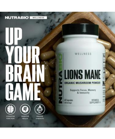 NutraBio Lions Mane Supplement Capsules- Organic Lion's Mane Mushroom Powder (500mg)- Focus Memory Immunity - 60 Vegetable Capsules 60 Count (Pack of 1) - Buy Online on GoSupps.com