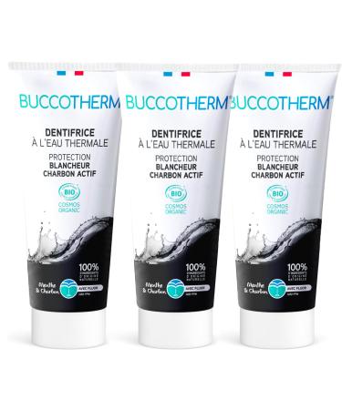 BUCCOTHERM | [Whitening Protection Toothpaste with Activated Charcoal] | Restores teeth to their natural whiteness | Certified Organic - 100% natural ingredients - Mint flavor | Pack of 3x75 ml