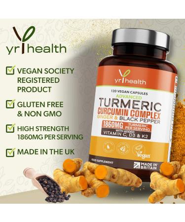 Premium Turmeric Capsules 1860mg with Black Pepper, Ginger, Vitamins C & D - 120 Vegan Capsules for Immune Support & Joint Health - Made in UK - Buy Online on GoSupps.com