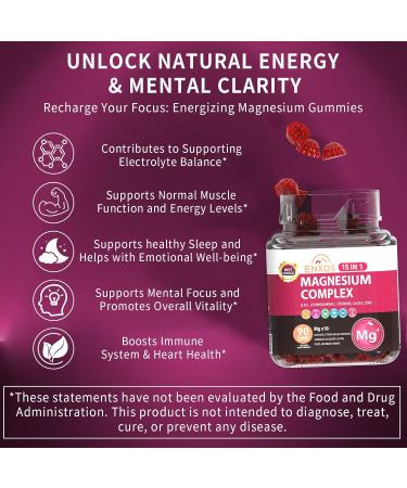 15-in-1 Magnesium Complex Gummies 350 mg/Serv with Ashwagandha Root Vitamin D3 L-Theanine Zinc Gluconate CoQ10 Stress Relief Glycinate Gummy Sugar Free Chews Supplement for Adults Sleep (Raspberry) - Buy Online on GoSupps.com