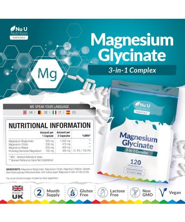 Magnesium Glycinate 3-in-1 Complex 1813mg - 120 Vegan Capsules - Triple High Absorption Bisglycinate Citrate & Malate - 384mg Elemental Mag per Serving - Made in The UK - Nu U Nutrition - Buy Online on GoSupps.com