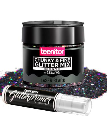 Festival Chunky and Fine Glitter Mix, Teenitor Iridescent Glitter Flakes with Glitter Primer,Face Body Eye Hair Nail Resin Tumbler Glitter Loose Glitter, Laser Black C-Holographic Black Chunky Glitter Mix-100G