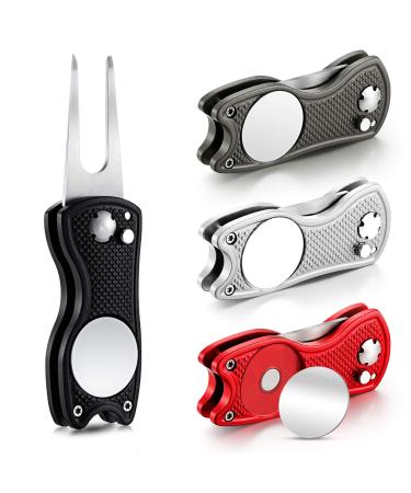 4 Pieces Golf Repair Tool Stainless Steel Foldable Golf Divot Tool Magnetic Golf Button Tool Golf Ball Marker (Red, Silver, Gray, Black)