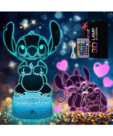 Eygerur 2 Patterns Stitch Night Light 3D LED Illusion Stitch Lamp Stitch Gifts Stitch Toys for Boys Girls 16 Colors Dimmable USB Powered Touch Control with Remote Children's Room Decoration Holiday Light-a