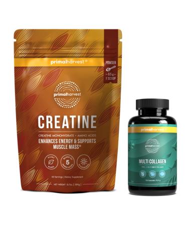 Primal Creatine Powder + Primal Multi Collagen Capsules Bundle | 2-Pack | Support Strength Recovery Joint & Skin Health | 30 Servings Each