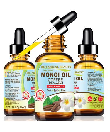 Botanical Beauty MONOI OIL COFFEE. Frangipani flowers in Coconut Oil with Coffee aroma. 100% Natural Pure for FACE SKIN BODY HAIR NAILS. Luxury Beauty Oil (1 Fl Oz 30 ml) 1 Fl Oz (Pack of 1)