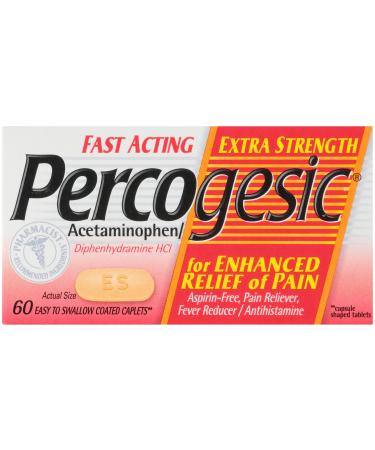 Percogesic Extra Strength Pain Reliever, Aspirin Free, Dual Action Relief, Fever Reducer, Antihistamine, 60 Safety Coated Tablets 60 Count (Pack of 1)