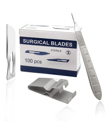 Disposable Sterile Facial Razor Blade #16 Hair Removal & Dermaplaning Tool Precision Carbon-Steel Blades with Metal Handle & Blade Remover - Individual Blade Pouches - Exfoliation Podiatry Acne & More - Box of 100