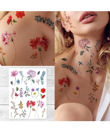 Watercolor Floral Temporary Tattoos - Hand Drawn Realistic Flower and Leaf Designs - Buy Online on GoSupps.com