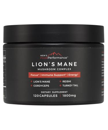 MEN'S PeakPerformance Lion's Mane Mushroom Supplement Capsules with Reishi Cordyceps Turkey Tail Brain Nootropic for Memory Focus Natural Energy & Immune Support Supplement (120 Capsules)
