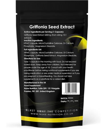 Nuke Nutrition 5HTP 600mg - 60 Vegan Capsules - Gluten & Dairy Free - High Strength Griffonia Seed Extract Supplement - Buy Online on GoSupps.com