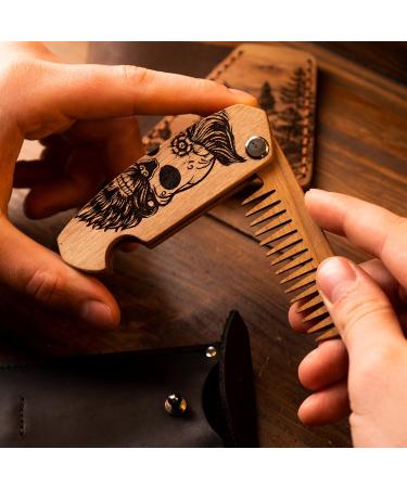Handcrafted Wooden Pocket Beard Comb for Men - Walnut Folding Comb with Sugar Skull Engraving - Buy Online on GoSupps.com