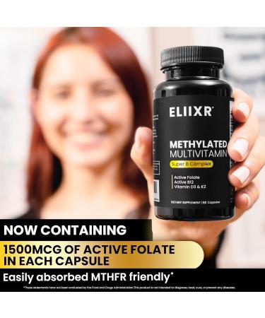 Eliixr Methylated Multivitamin | with 1500 mcg of Active Folate Methylated B12 Vitamin A C K2 D3 E Choline Biotin ALA CoQ10 B-Complex and More | 90 Capsules-3 Month Supply | Made in The USA 90 Count (Pack of 1) - Buy Online on GoSupps.com