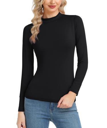 Women's Basic Long Sleeve Thermal Top Lightweight Mock Neck Shirts Slim Fit Layer Soft Top Small Black