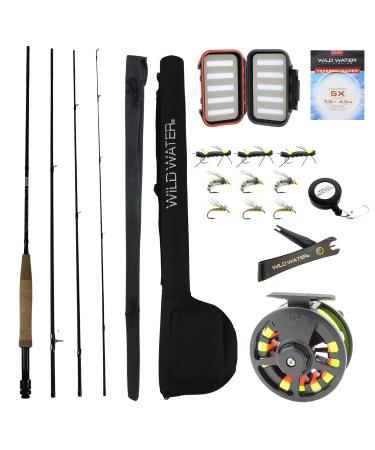 Wild Water Standard Fly Fishing Combo Starter Kit 5 or 6 Weight 9 Foot Fly Rod 4-Piece Graphite Rod with Cork Handle Accessories Die Cast Aluminum Reel Carrying Case Fly Box Case  Fishing Flies