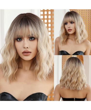 OUFEI Ombre Blonde Wigs for Women Short Wavy Wig With Bangs Natural Synthetic Hair Heat Resistant Wigs for Daily Party Cosplay Wear Ombre blonde(1118-1)