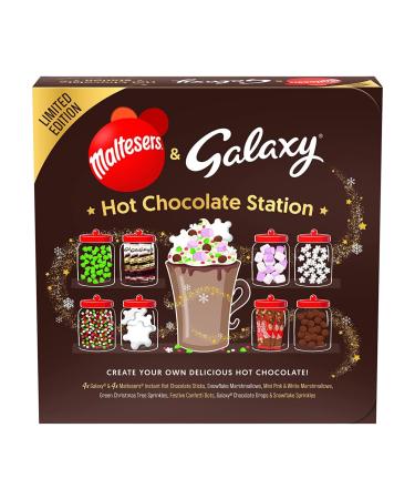 Maltesers & Galaxy Hot Chocolate Station Gift Sets | Hot Chocolate Sachets Bulk | Create Your Own Hot Chocolate Experience with 6 Toppings of Mini Marshmallow & Sprinkles | Christmas Gifts For Men