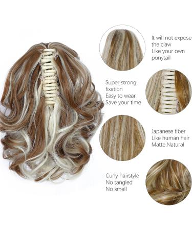 Yamel Highlight Brown Mix Blonde 8 Short Curly Wavy Ponytail Extension - Claw Jaw Clip Synthetic Hairpiece - Buy Online on GoSupps.com