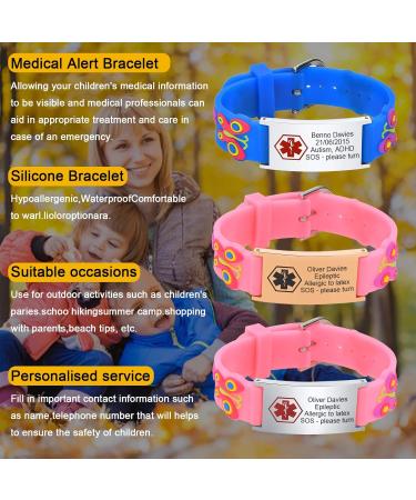 Customized Kids Safety ID Wristband | Personalized Medical Alert Bracelet for Boys & Girls | Outdoor Anti-Lost Bracelet with Cartoon Pattern | Blue Silver Butterfly Design - Buy Online on GoSupps.com