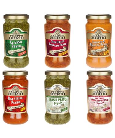 Filippo Berio Pesto Sauce Pick N Mix - Choose From Jar with 6 Flavours | Hot Chilli Classic Sun Dried-Tomato Tomato & Ricotta Vegan Basil Vegan-Sun Dried Tomato Pesto & Sauce - Pack of 6 x 190g