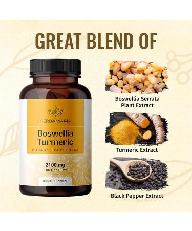 Boswellia Turmeric Capsules | Joint, Digestion & Brain Support | Organic Herb Extract with Black Pepper | Made in USA | Vegan, Gluten-Free, Non-GMO | 100 Capsules - 2100mg - Buy Online on GoSupps.com