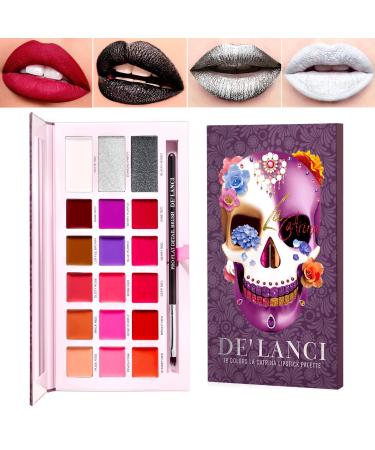 DE'LANCI Lipstick Palette  18 Color Lip Palette with Brush Mirror  Soft Moisturizing Long Lasting Smudge Proof Matte Lipstick Set  Red Black White Silver Metallic Bright Glitter Lipstick Makeup