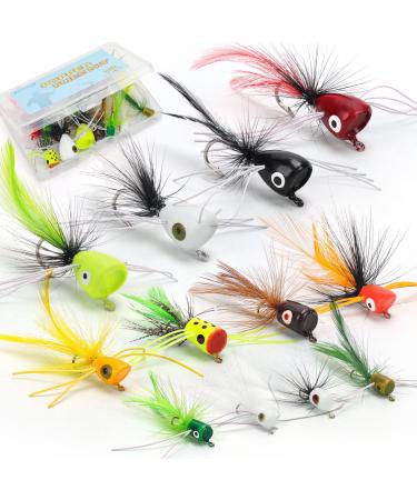 Ansnbo 12PCS Fly Fishing Popper Flies, Fly Popper Lures Bass Panfish Bluegill Crappie Popping Bug Sunfish Trout Salmon Poppers Flys Kit for Fly Fishing