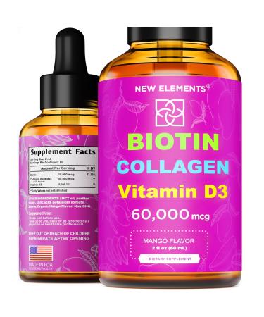 Liquid Biotin Collagen Peptides & Vitamin D3 for Hair Growth MCT Oil Drops 60 000mcg  Powerful Formula for Hair Skin and Nails Most Advanced Hair Growth Supplement for Women & Men
