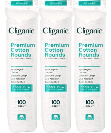 Cliganic Premium Cotton Rounds for Face (300 Count) - Makeup Remover Pads, Hypoallergenic, Lint-Free | 100% Pure Cotton 100 Count (Pack of 3)