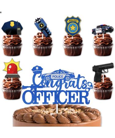 Blue Glitter 1pcs Cake Topper 12pcs Cupcake Topper Pick for Congrats Officer Policeman Theme Decor Supplies Boys Girls 2024 College Graduation Party Decorations