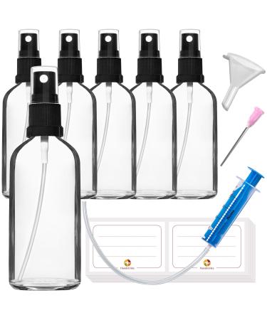 Handsunity 100ml-6Stk spray glass bottle-pharmacy clear glass bottle set with black atomizer glass spray bottle made of transparent glass including 17 accessories 100ml-6 pieces Black cap
