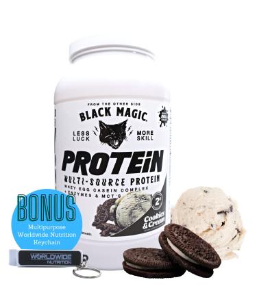 Black Magic Multi-Source Protein - Whey, Egg, and Casein Complex with Enzymes & MCT Powder - Pre Workout and Post Workout - Cookies and Cream Protein Powder - 24g Protein - 2 LB with Bonus Key Chain