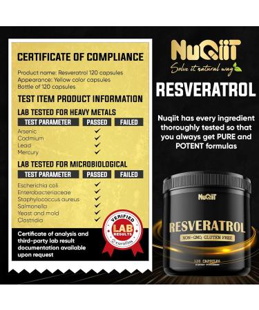NUQIIT Trans Resveratrol 1000mg Supplement - Impressive Benefits for Immune System Energy Production & Heart Health Support - 120 Vegan Capsules for 2 Months - Buy Online on GoSupps.com