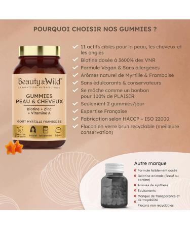 Skin & Hair - Dietary supplement Biotin Vitamin A C E B6 B8 Zinc - Beauty of the skin and hair - 1 month cure - Blueberry Raspberry taste - 60 Gummies - Beauty&Wild - Buy Online on GoSupps.com