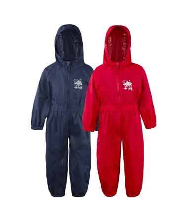 Metzuyan Baby Boys and Girls Unisex Waterproof Puddle Rainsuit All-In-One Dry Suit Outfit 12-18 Months Red & Navy