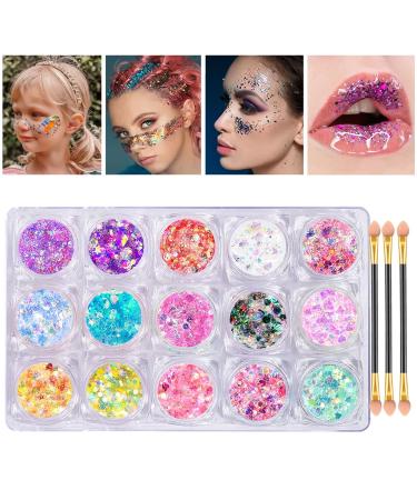 15 Colors Face Glitter Gel  Body Glitter Makeup for Face Body  Eyeshadow  Lip  Hair  Nail  Mermaid Sequins Chunky Glitter Aloe Vera Gel Festival Party Rave Sparkle Lasting 52.5g