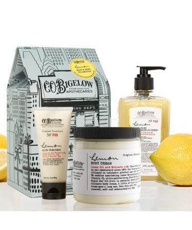 C.O. Bigelow Apothecary Trio Lemon Hand and Body Care Gift Set of Three (3) Lemon Hand Wash 10fl oz. Body Cream 8 oz. and Hand Treatment 3oz. Gift Box of Moisturizing Hand and Skin Care