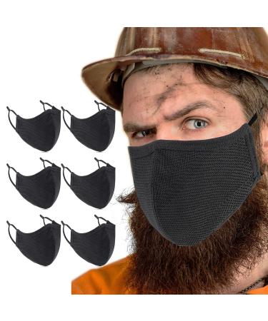 Extra Large Black Cloth Face Mask, 3 Ply XL BB-9201 Material, Reusable Fabric Washable for Men Women Adult Beards Travel Pack 6 (X-Large fits Larger Faces or Head, Pack 6 Black)