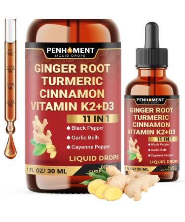 Penhoment 11in1 Liquid Ginger Extract with Liquid Turmeric, Ceylon Cinnamon Drops, Vitamin D3, Vitamin K2, Berberine Extract, Garlic, Black Pepper - Drops Extract - 1FL Oz - 2 Month Supply