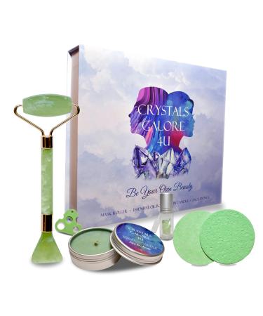 Jade Face Roller - Green Gua Sha Face Roller Kit for Skin Care | Kit Includes Jade Face Roller & Scraper Tool Face Sponge Scented Candle & Crystal Essential Oil Bottle