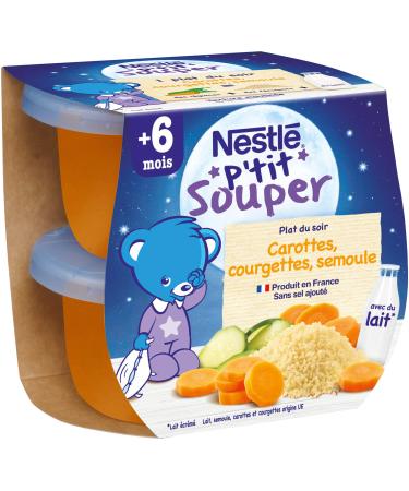 Nestlé Bébé P'tit Souper Carrots Zucchini Semolina Vegetable and Starchy Dishes from 6 Months 2 x 200 g Pack of 8 (16 Dishes)