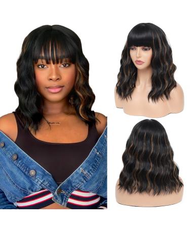 WEIWENHEE Bob Wigs with Bangs for Women Black Mixed Brown Highlight Synthetic Curly Wavy Short Wig Natural Looking Synthetic Heat Resistant Fiber Wig for Party Daily Use
