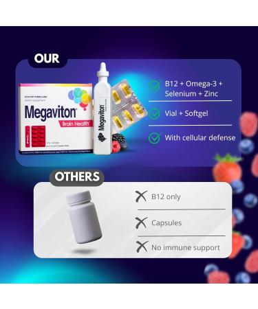 Megaviton Brian Health Complete 3-in-1 Formula in 5 Liquid vials and 10 softgels offering Daily Support for Cognitive Function Mental Clarity and Nervous System Health. - Buy Online on GoSupps.com